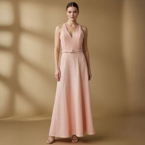 Badgley Mischka Peach Textured V-Neck Belted Formal Gown - Elegant Luxury - 4